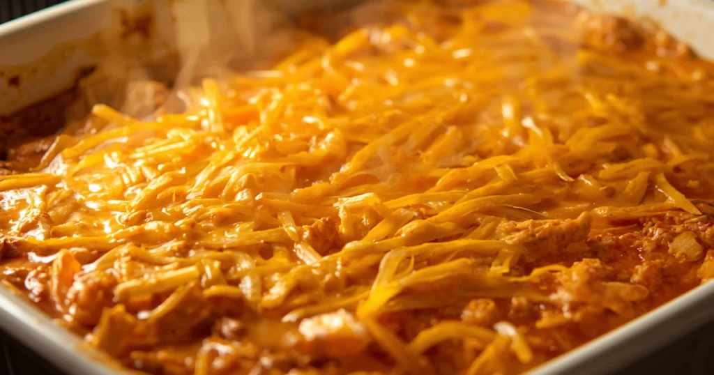 Close-up of cheesy baked chicken dip with a golden melted top and spicy sauce texture.