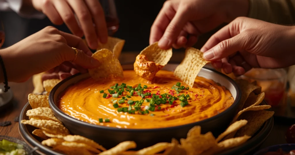 Party table with a hot dish of buffalo chicken dip surrounded by chips and veggies.
