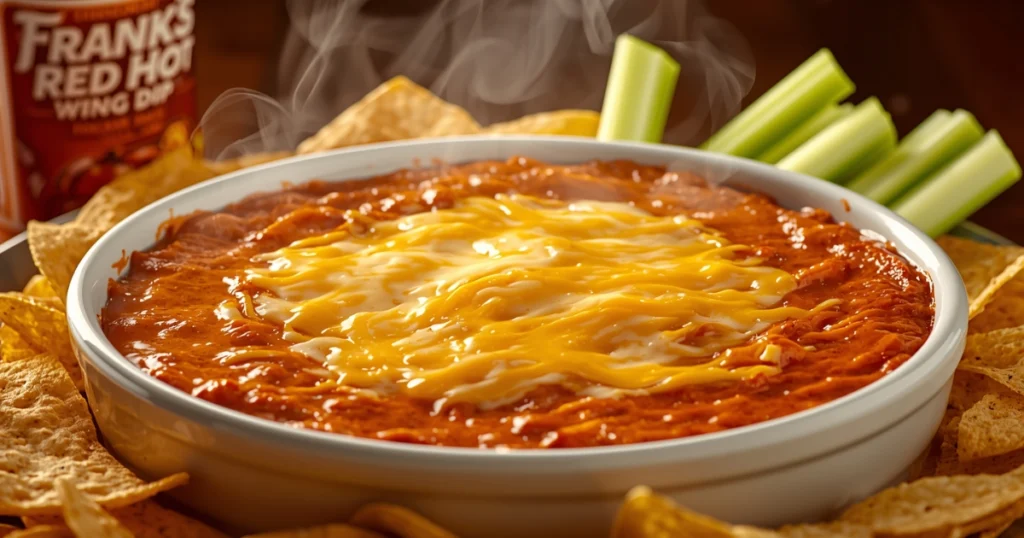 Oven-baked casserole dish filled with creamy chicken dip topped with melted cheddar cheese.