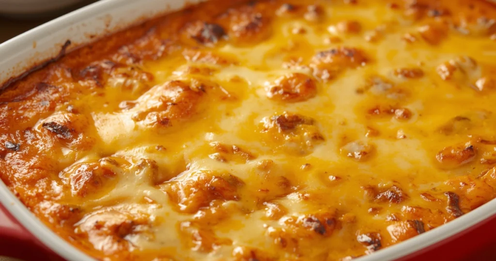 Hands dipping tortilla chips into hot buffalo chicken dip with visible steam and melted cheese.
