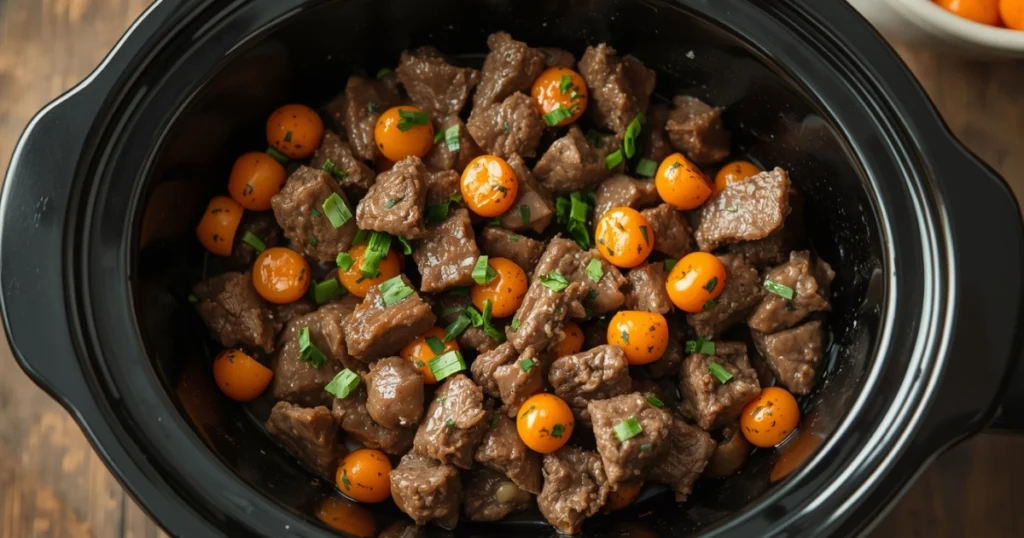 Fork-tender beef tips being pulled apart easily after slow cooking.