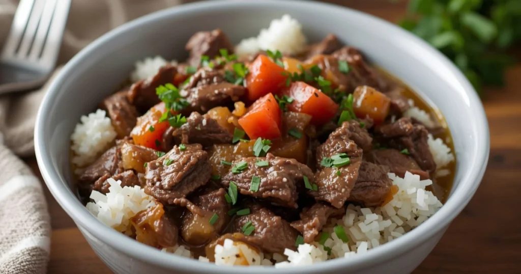 Family-style serving of beef tips with mashed potatoes and gravy.