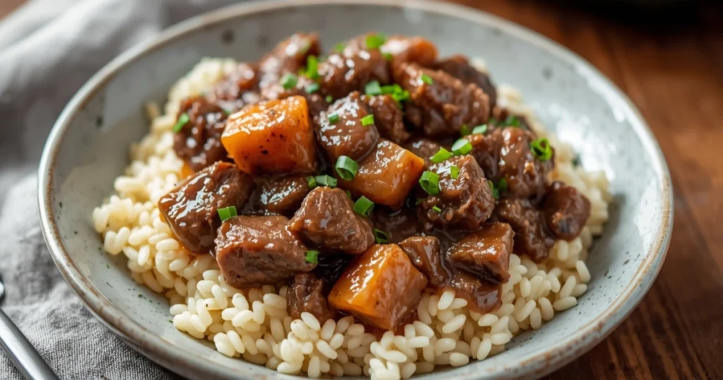 Crock pot filled with beef tips, broth, and onions cooking slowly.