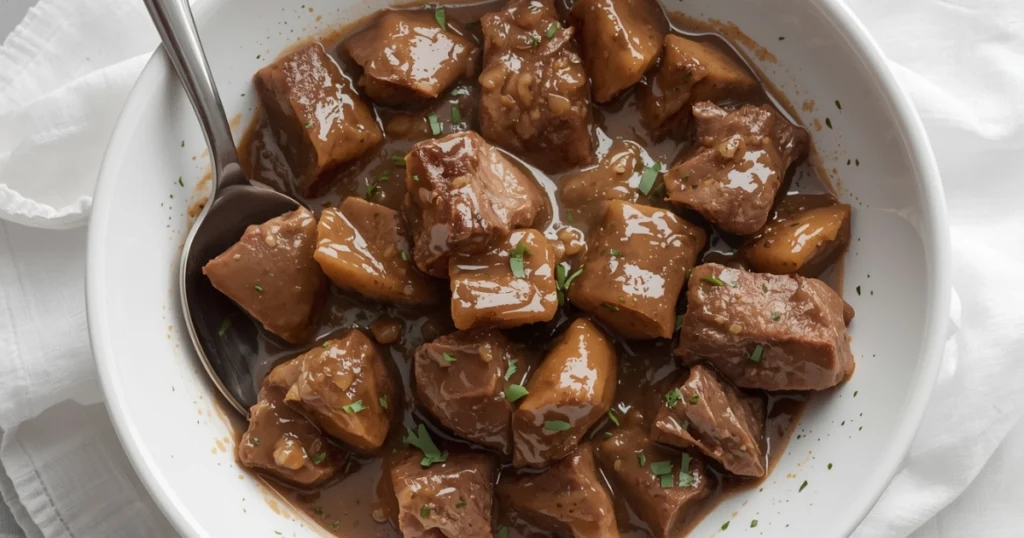 Steaming bowl of beef tips and gravy served over mashed potatoes.