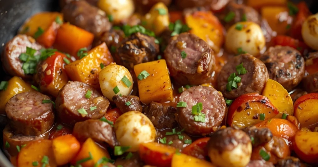 Close-up of beef sausage skillet with sautéed peppers and onions in a cast iron pan.