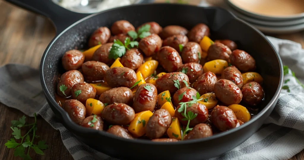 Beef sausage slices browning in a skillet with vegetables cooking alongside.