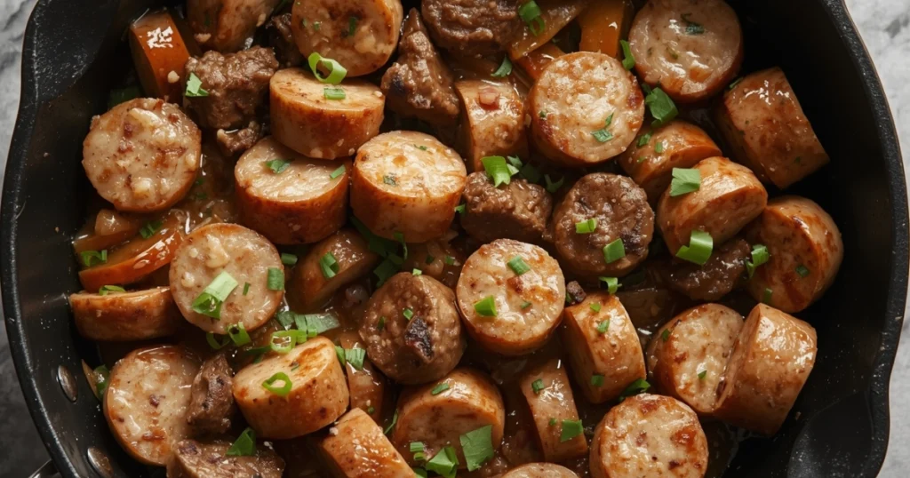 Hearty beef sausage and vegetable skillet meal served warm in a frying pan.