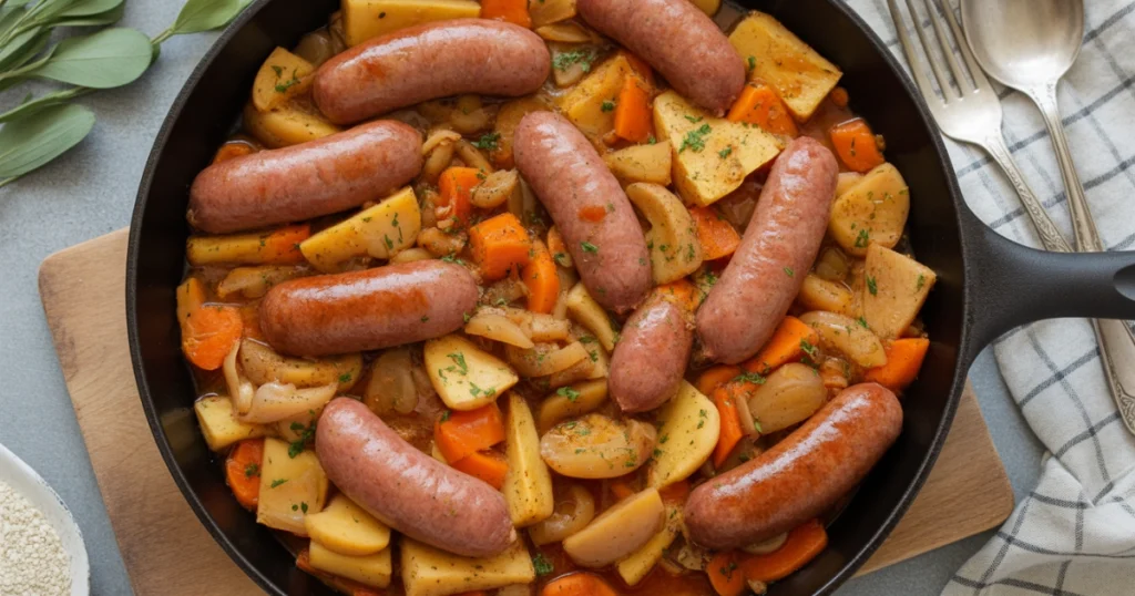 Cooking beef sausage and vegetables in a skillet on a home kitchen stove.