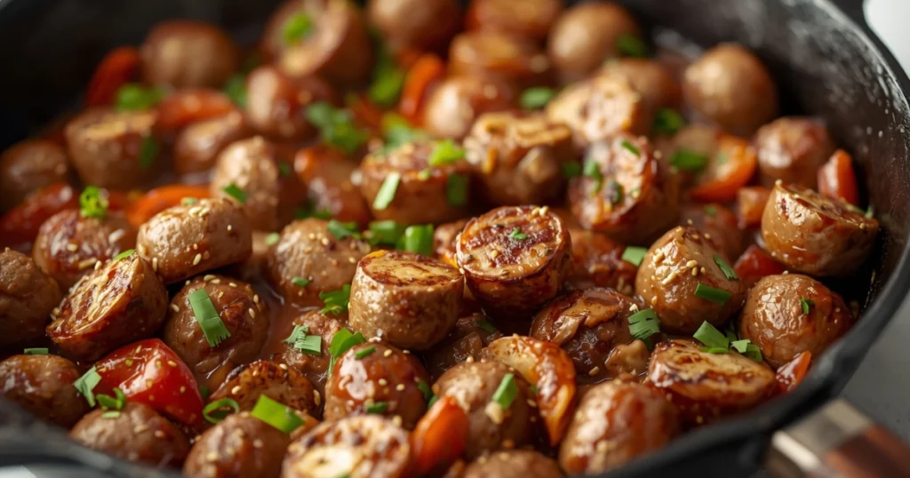 Rustic skillet with cooked beef sausage, peppers, and onions ready for serving.