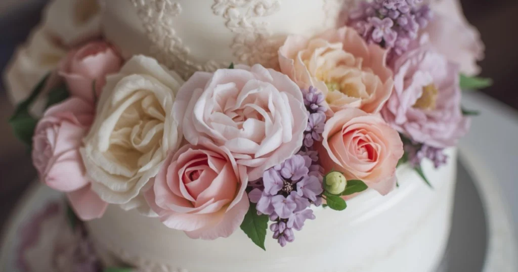A homemade floral wedding cake surrounded by spring blooms and candles.