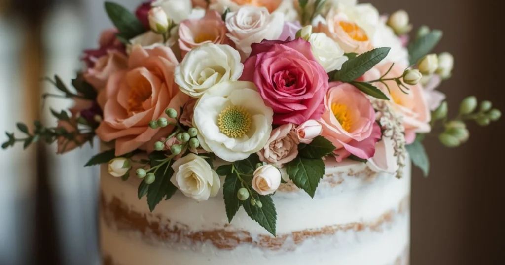 A pastel-colored floral wedding cake on a cake stand with greenery around it.