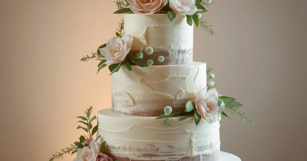 A pastel-colored spring wedding cake decorated with edible flowers on a wooden table.