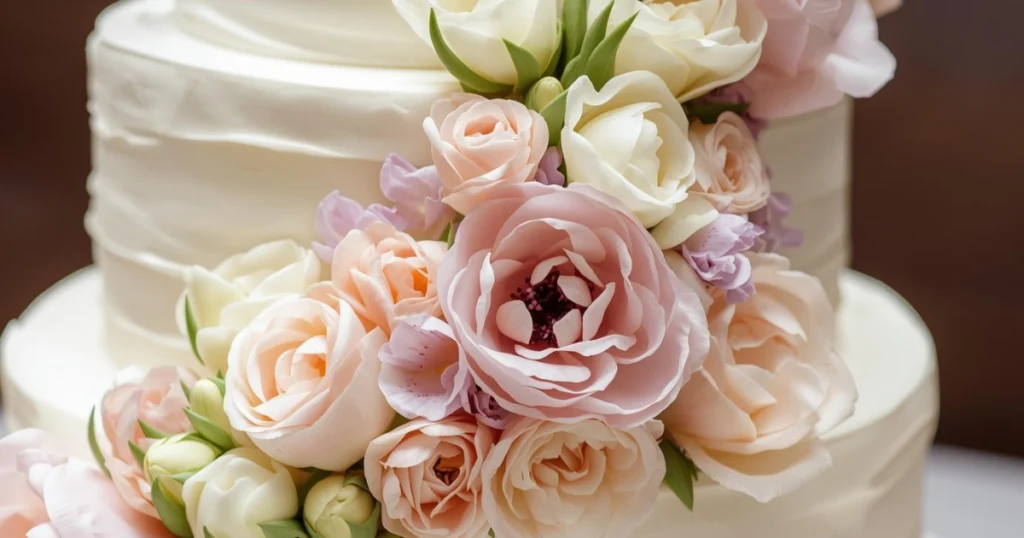 A tiered wedding cake with pastel pink and white flowers on a cake stand.