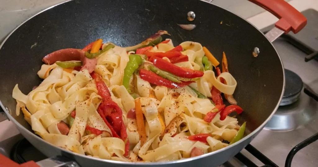 Close-up of creamy Cajun pasta with sausage and Parmesan cheese.