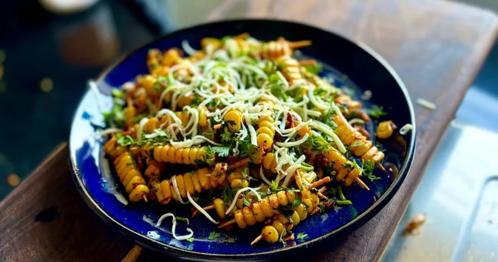 Creamy elote pasta served with fresh cilantro and chili seasoning in a modern dinner bowl.