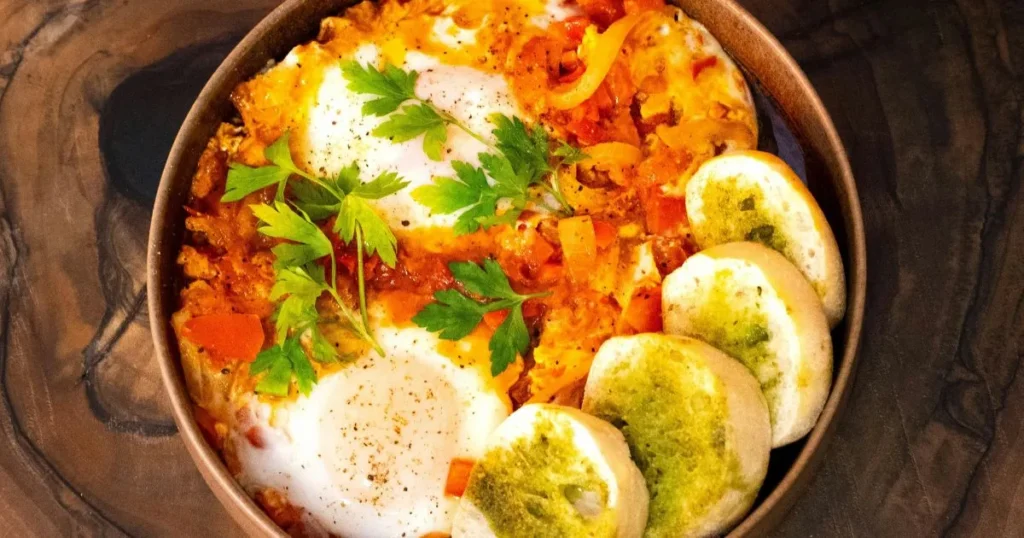 Healthy Spanish breakfast spread with tomato toast, eggs, olive oil, fresh herbs, and coffee on a bright kitchen table.